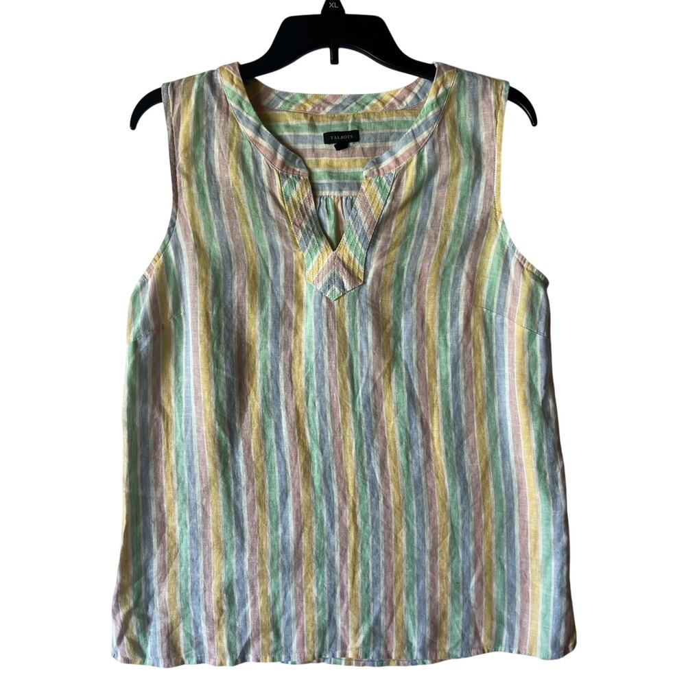 Talbots 100% Linen Pastel Stripe Sleeveless Top M Multicolor Split Neck Summer